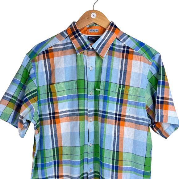 Columbia PFG Linen Blue Green Orange Plaid Button Up Short Sleeve Fishing Shirt - Picture 3 of 7